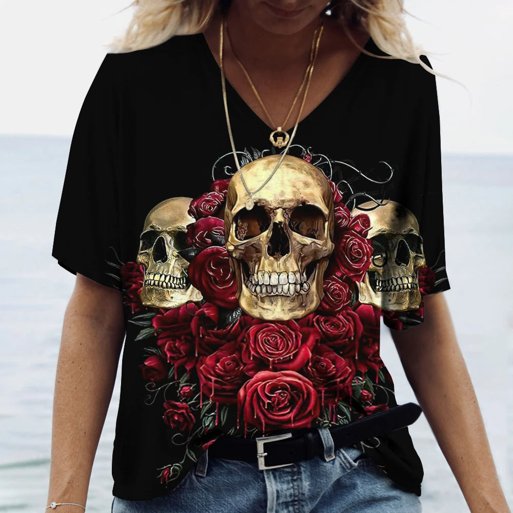 Skulls T-shirt Women's Shirt Fashion Short Sleeve New Casual Top Tee Ladies Girl Clothing V Neck T Shirt For Women