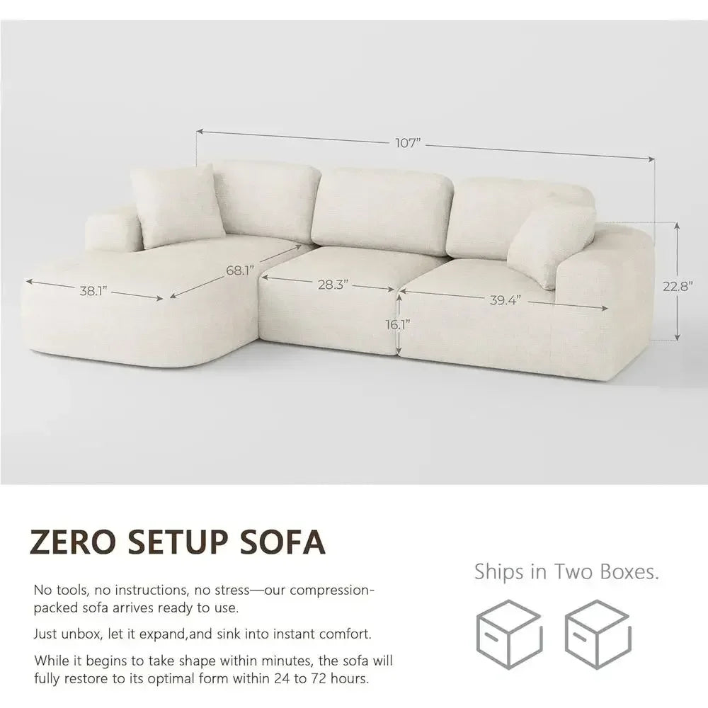 107 L-Shaped Sectional Sofa with Chaise, No Assembly, Ivory Beige Bouclé-Style Upholstery for Living Room