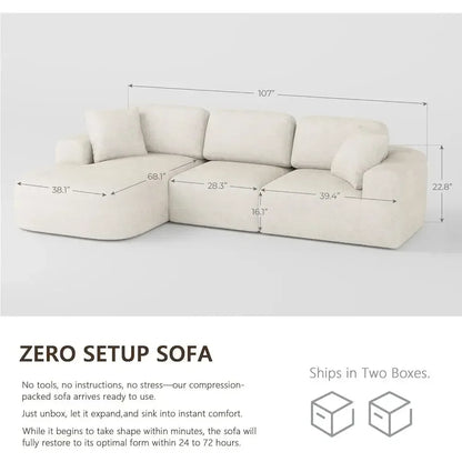 107 L-Shaped Sectional Sofa with Chaise, No Assembly, Ivory Beige Bouclé-Style Upholstery for Living Room