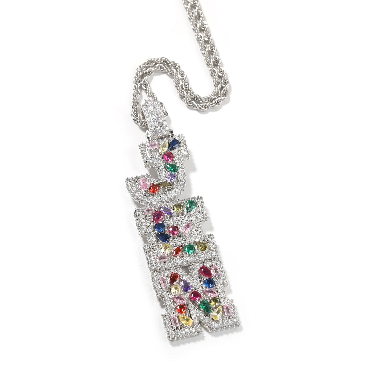THE BLING KING Custom Vertical Initial Letter Pendant Mixed Inlay Different Shape Cubic Zircon NamePlate Necklace Hiphop Jewelry