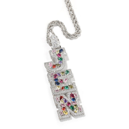 THE BLING KING Custom Vertical Initial Letter Pendant Mixed Inlay Different Shape Cubic Zircon NamePlate Necklace Hiphop Jewelry