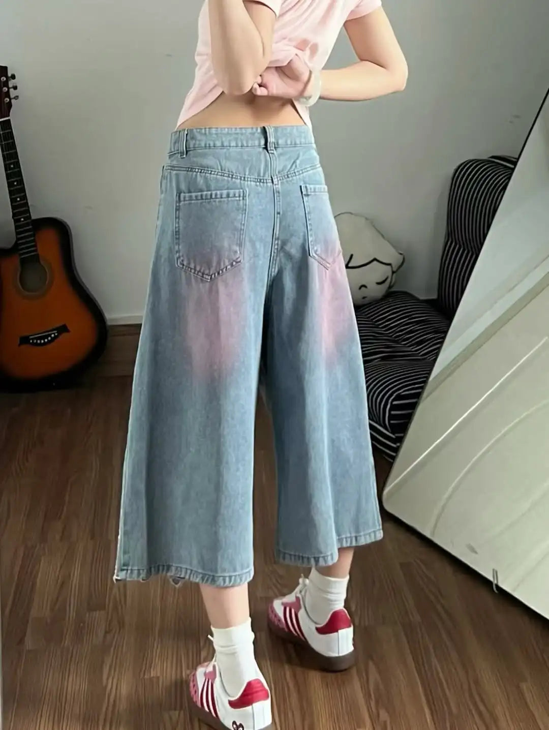 Women's Y2K Cat Embroidery Denim Culottes, Pink Gradient Wash Baggy Cropped Jeans, Cute High Waist Wide Leg Capri Pants