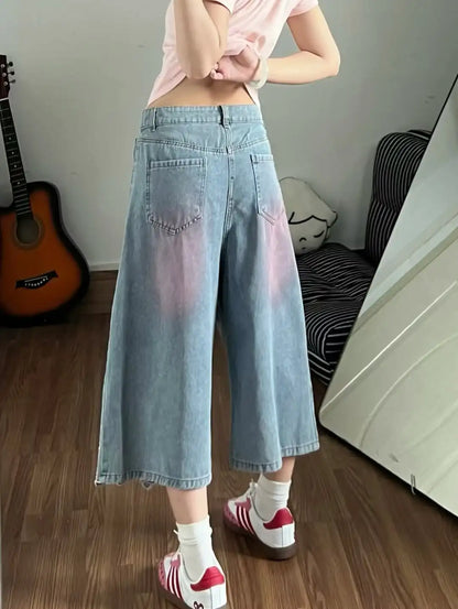 Women's Y2K Cat Embroidery Denim Culottes, Pink Gradient Wash Baggy Cropped Jeans, Cute High Waist Wide Leg Capri Pants