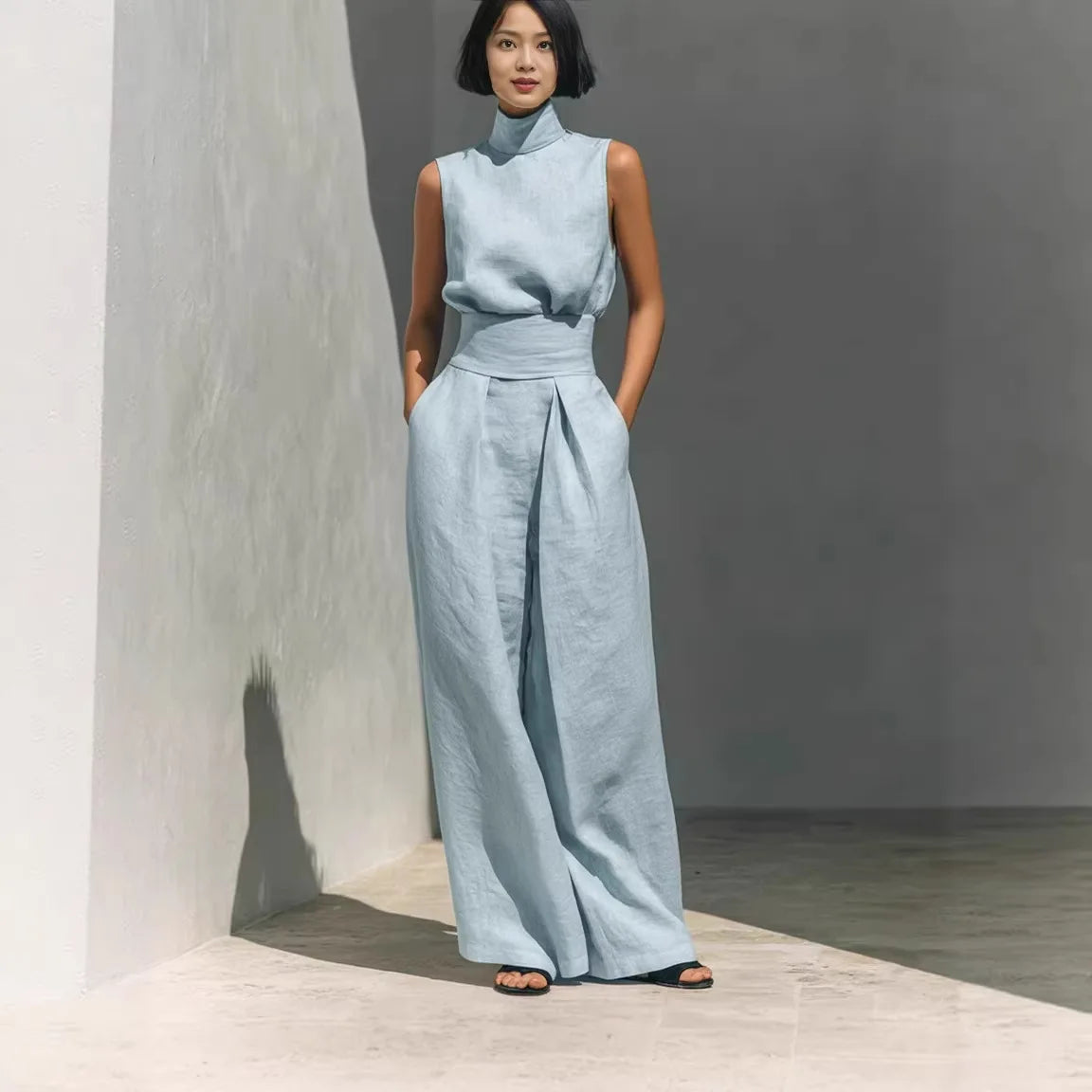 2026 Women 2 Piece  Outfit, Sleeveless High Neck Blouse & High Waist Wide Leg Pants Set, Elegant Office Commuter Matching Suit W