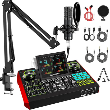Tenlamp  G10-P15-NB25 Podcast Equipment with 3.5mm Condenser Mic, Sound Board,Sound Card for PC/Phone Podcast Recording, Voice Changer, Denoise,Phantom Power,Reverb，G10 Live Streaming Audio Interface Gaming Audio Mixer