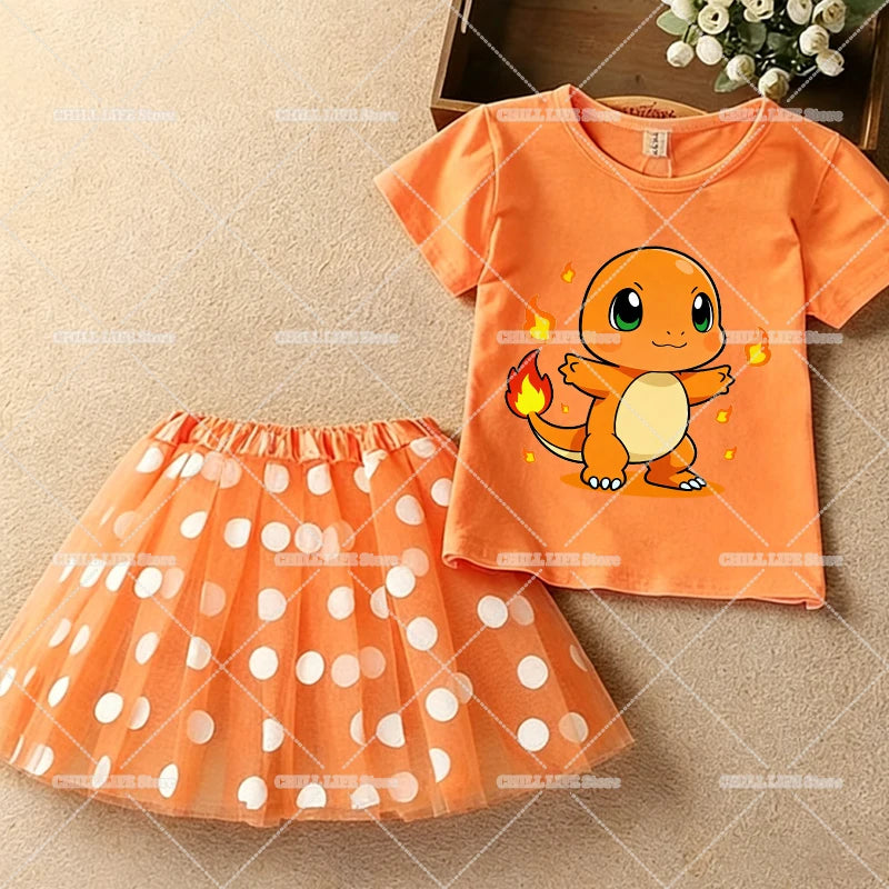 Kawaii Pikachu Eevee T-Shirt Skirt 2pcs Set Pokemon Jigglypuff Toddler Short Sleeve Tee Polka Dot Tutu Skirts Kids Clothes Set