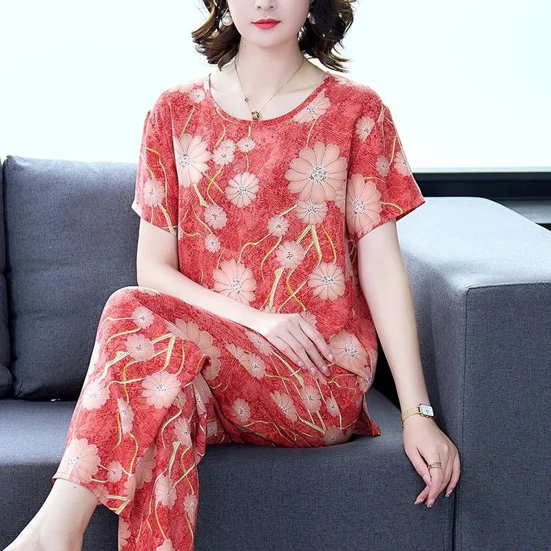 Women Summer Sets NEW Middle Aged Elderly Mother Cotton Silk Suit Casual Print Short Sleeve Top + Pants 2 Piece Set Femme Outfit