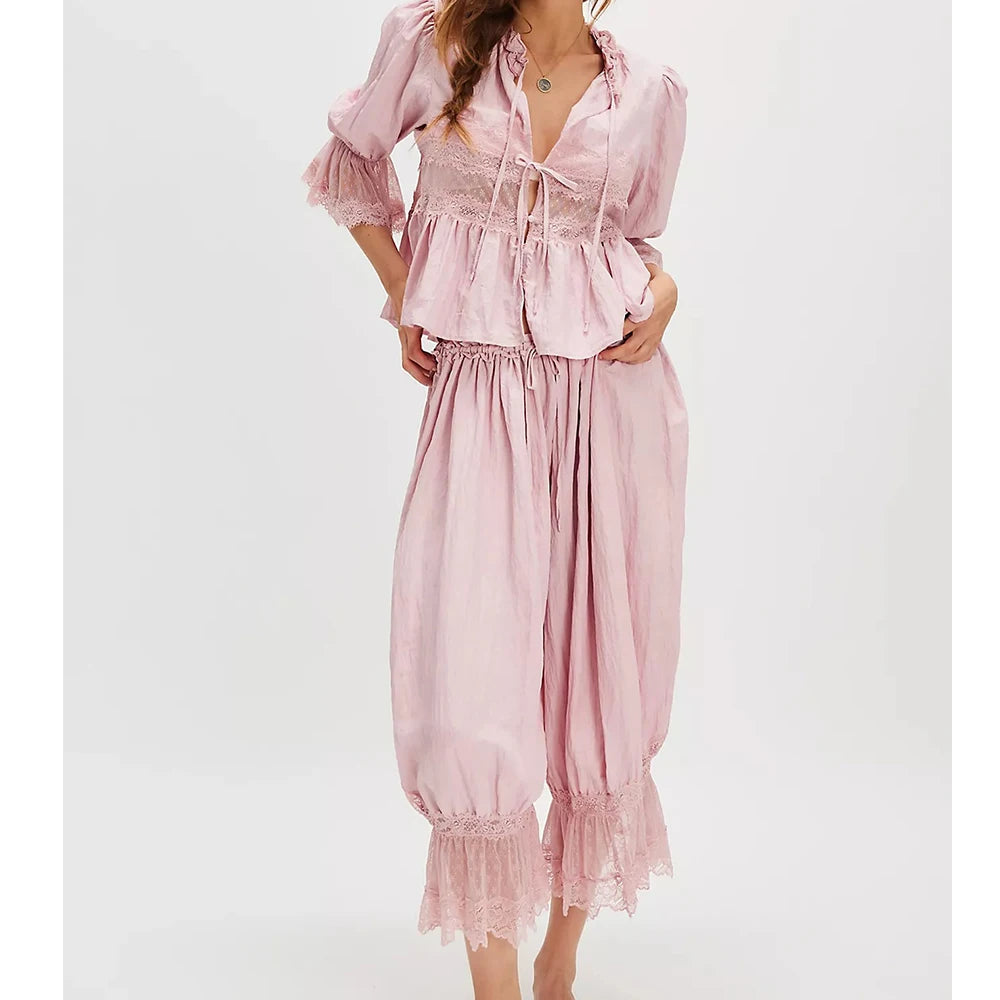 Women Kawaii Lace Trim 2 Piece Clothes Sets y2k Fairy Bow Tie Front Half Sleeve Shirts Ruffles Flared Lantern Pants Loungewear