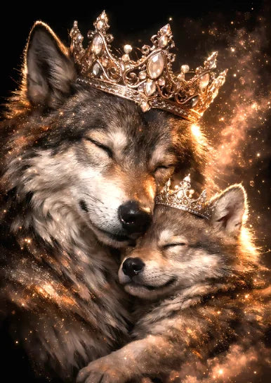 Golden Crown Animals Mother and Baby Canvas Wall Art Lion Bear Wolf Panda Giraffe Owl Cat Poster Decor Living Room Bedroom Gifts