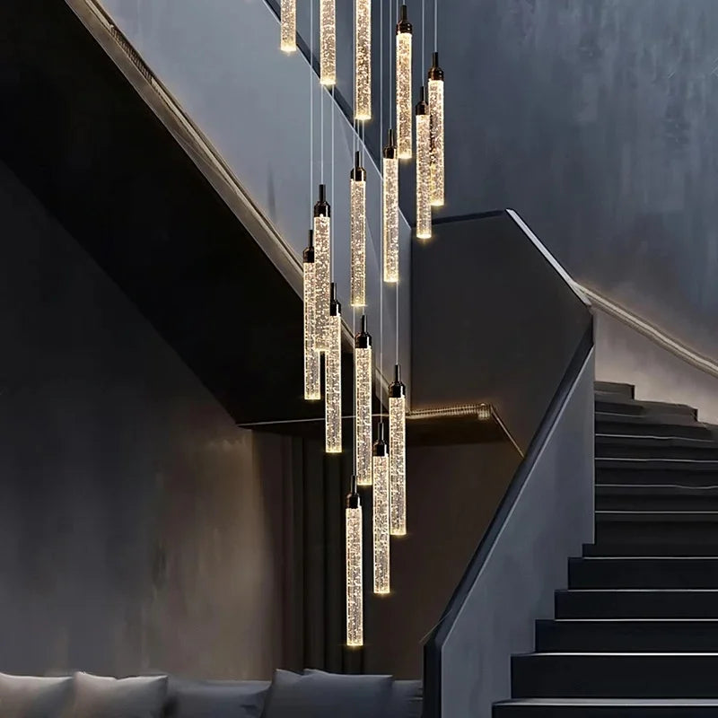 Nordic Minimalist Crystal Chandeliers Staircase Chandeliers Ceiling Lights Loft Double-Floor Rotating Minimalist Pendtant Lamps