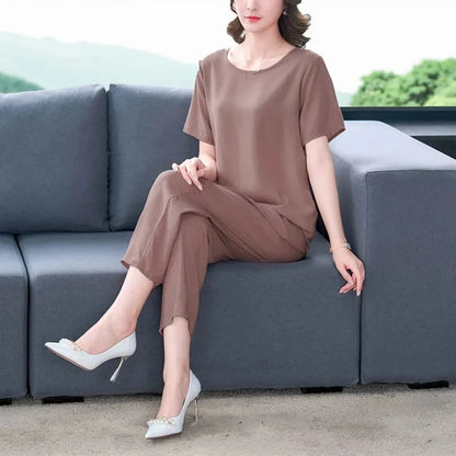 Cotton Silk Suit Summer Women's Sets New Casual Solid Color Short Sleeve Ankle-Length Pants 2 Piece Set Middle Age Mother Outfit