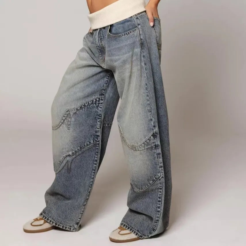 Women Vintage Two-Tone Patchwork Baggy Wide Leg Jeans Curved Contrast Stitch Loose Full Length Streetwear Denim Pants