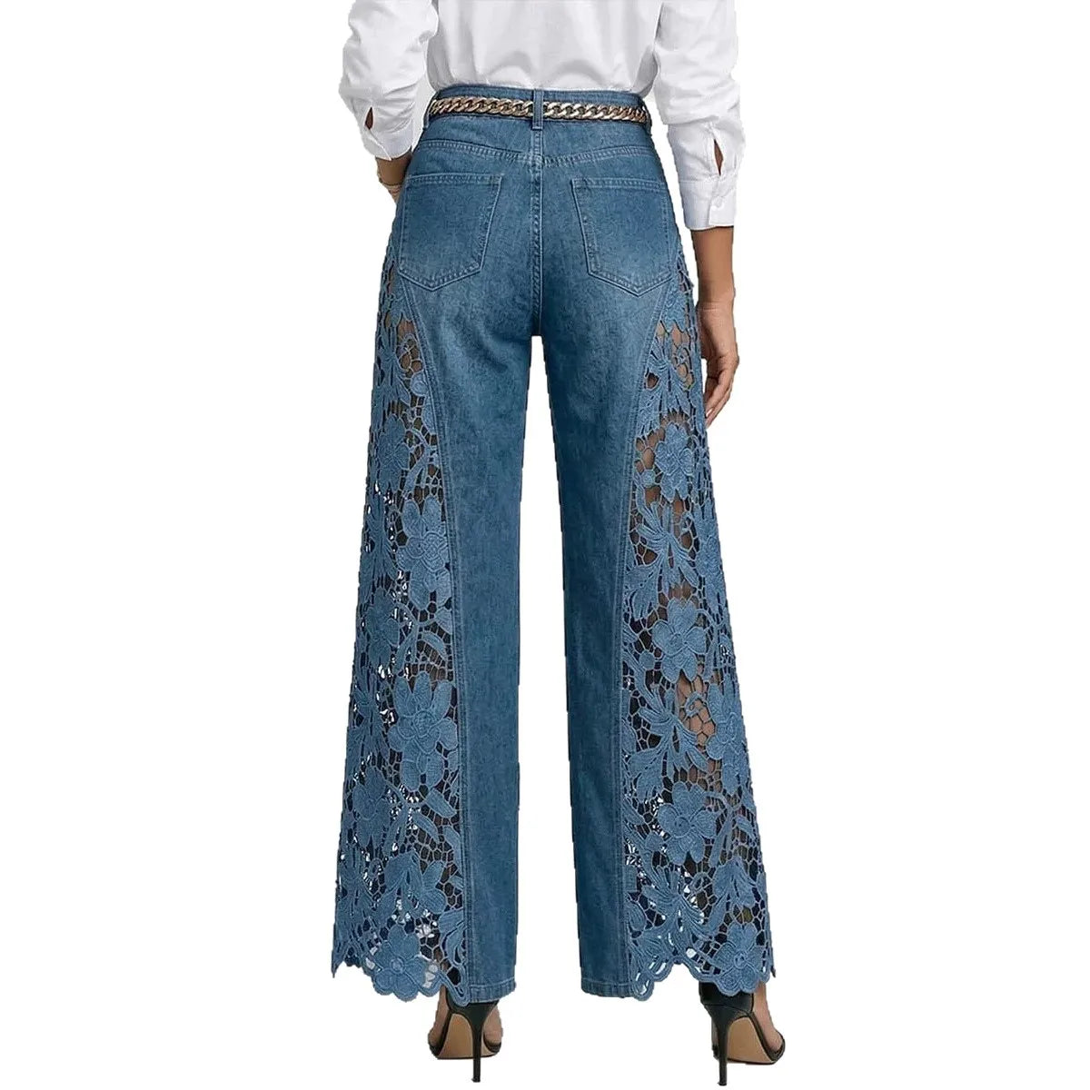 American Lace Hollow Out Elegant High Waist Wide Leg Straight Tube Harajuku Retro Flared Pants High Street Fashion Women's Jeans