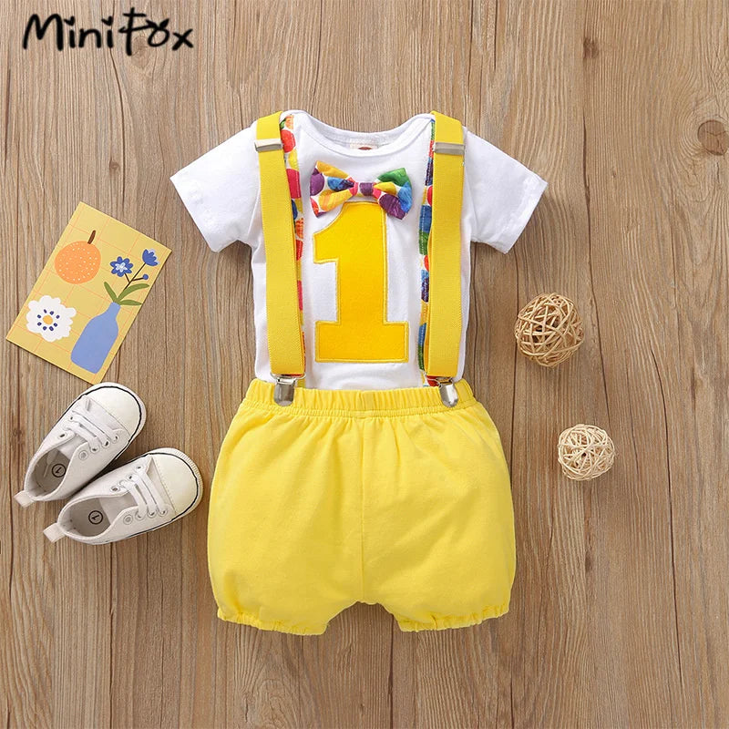 MiniFox Baby Boys Birthday Outfit For One Years Number"1“ Bodysuit and Y-back Suspender Shorts 1 Year Birthday Cake Smash Sets