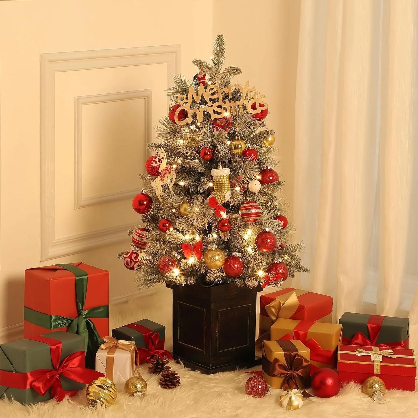 2PCS 3ft Pre-Lit Artificial Christmas Tree with 78 LED Lights, Snow Flocked Mini Xmas Tree with Timer Function, Battery Operated Small Holiday Tree for Home Office Tabletop Decor