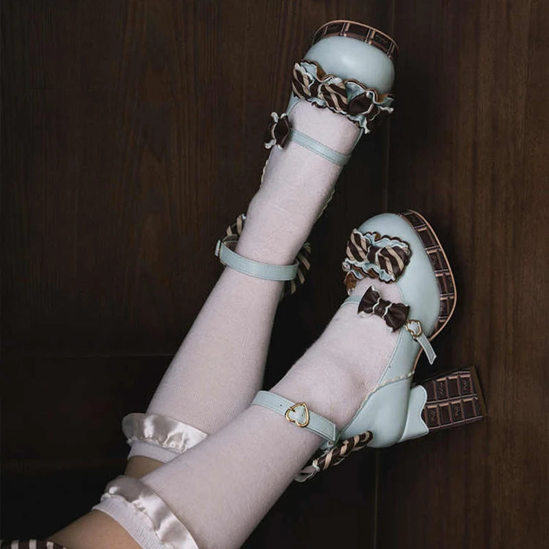 Sweet Girls Lolita High Heels Platform Shoes ,Young Women Students Cute Chocolate Candy Bowknots Ankle Strap Mary Janes