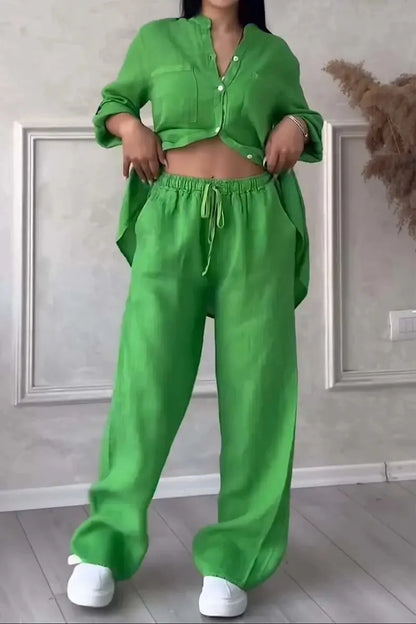 Autumn Cotton And Linen Pant Sets Women Fashion Long Sleeve Shirts Lace Up Pant Two Piece Set Casual Loose Wide Leg Pants Suit