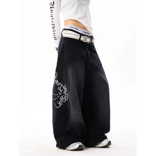 YIBASHU Women Vintage Embroidery Y2K Baggy Jeans Female High Waist 2000s Wide Leg Denim Pants American Retro Harajuku Trouser