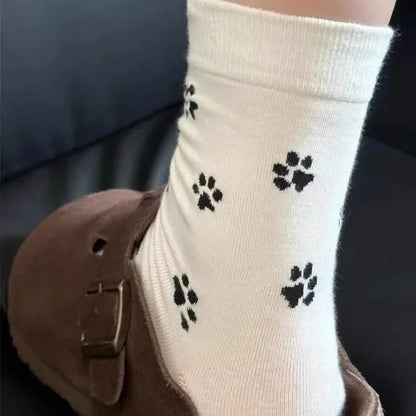 3pairs Cute Dog Claw Printed Women's Cartoon Dog Paw Sock Animal Pattern Soft Sweat Absorbing Breathable Casual Socks for Girls