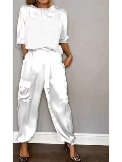 Women's Summer Fashion Solid Satin Two Piece Set Women O Neck Long Sleeved Top Long Pants Casual Loose 2 Piece Set Women Clothes
