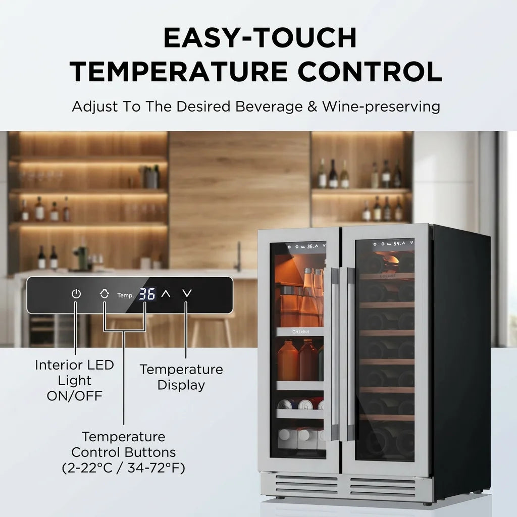24 Inch Dual Zone Beverage Wine Fridge 60 Can 21 Bottle Glass Door  Built-In Digital Touch Control Home Office Bar