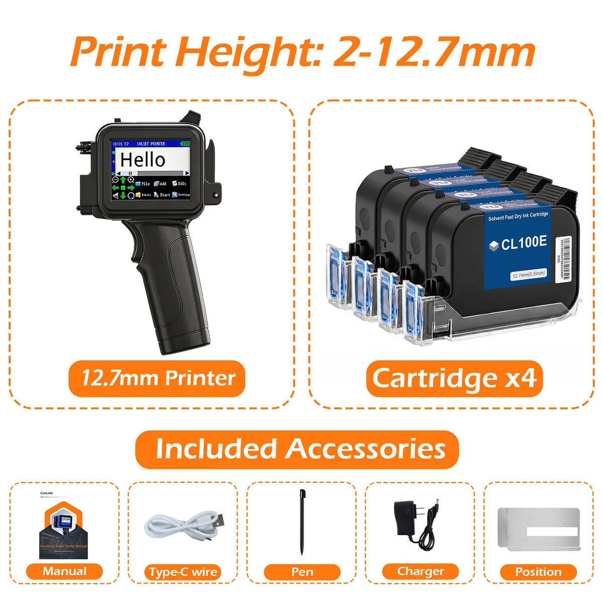 Cenliro Mini Handheld Inkjet Printer CL11P with Black Fast-drying Ink Cartridge for Date Batch Number Logo Code On Any Surfaces