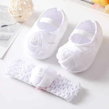 Spring Infant Baby Girl Shoes Newborn Lace Flowers Headband Anti-Slip Soft Sole First Walkers Toddler Kids Cotton Baptism Shoes