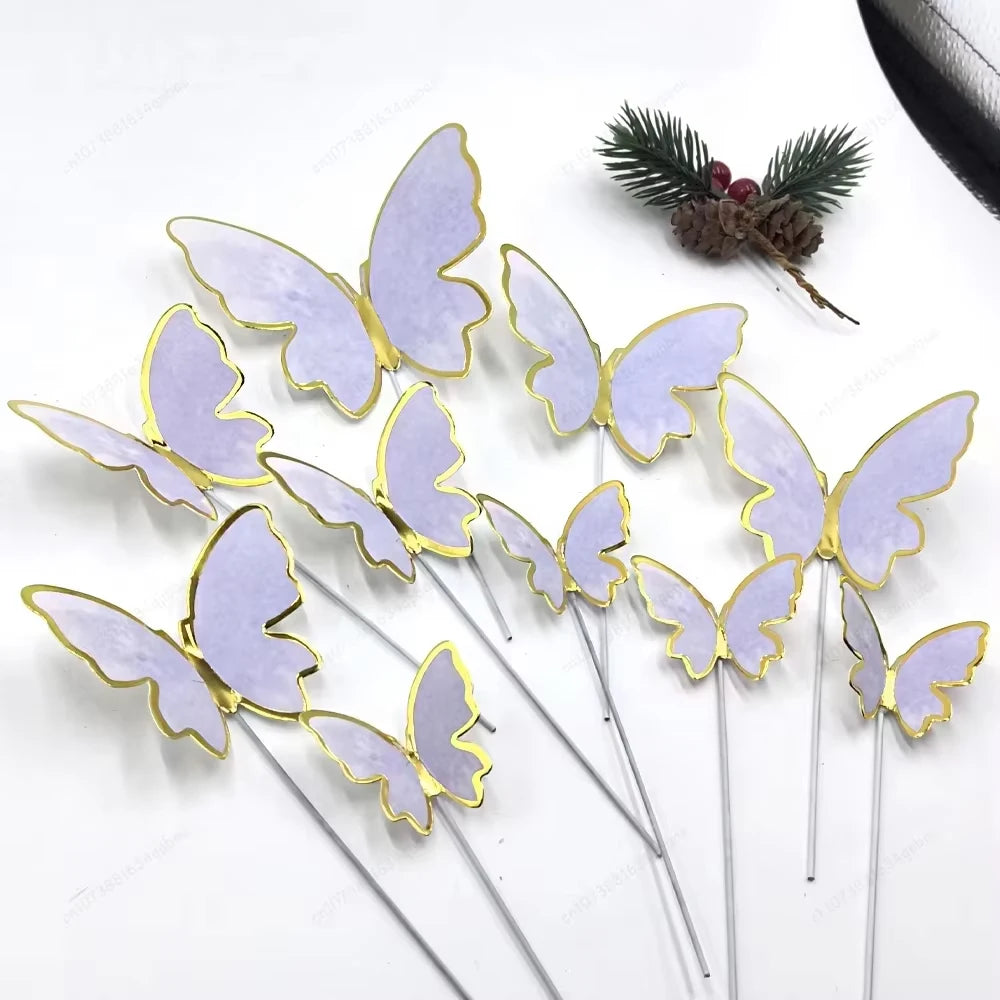 DIY Stamping Gold Pink Butterfly Cake Toppers Happy Birthday Cake Decoration Wedding Party Decor Shower Dessert Baking Supplies