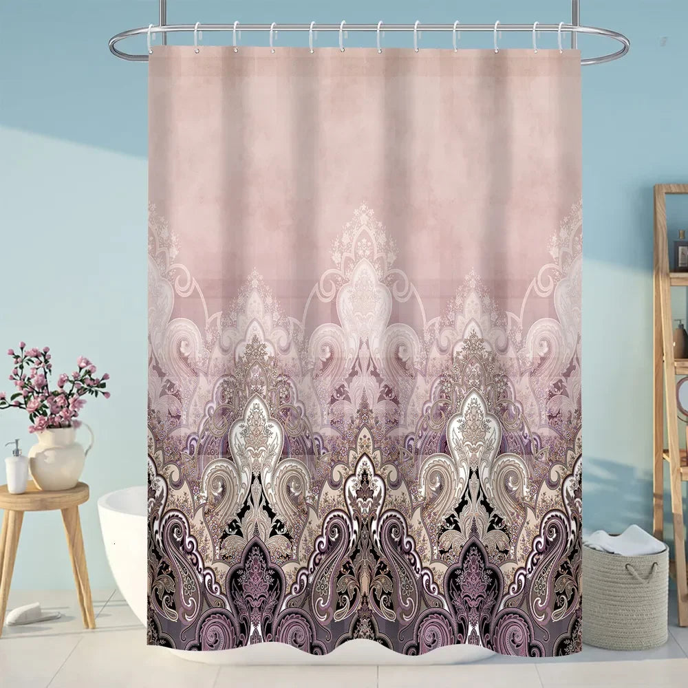 Luxury Red Gold Damask Print Shower Curtain, Waterproof Polyester Bathroom Curtain with Hooks