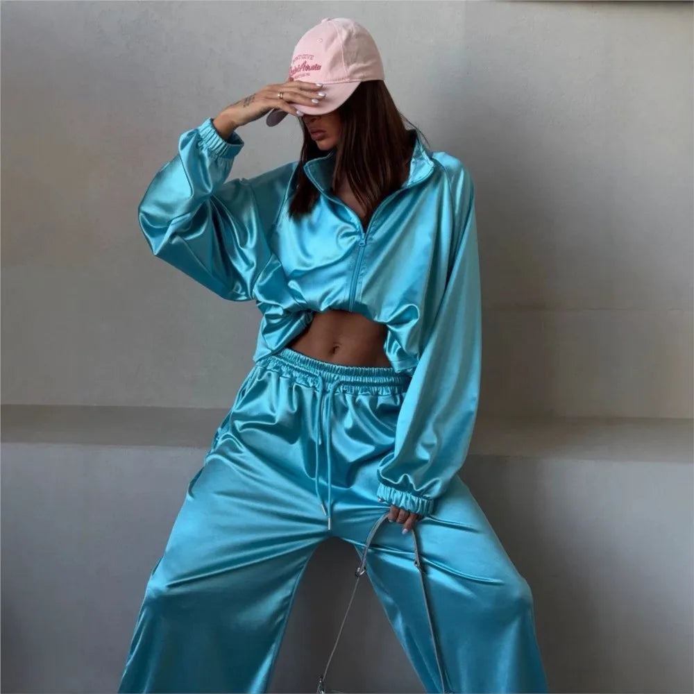 2026Spring Autumn New Satin Women's Sports Suit Fashion Zipper Long Sleeve Jacket Casual Loose Female Wide Leg Pants 2 Piece Set