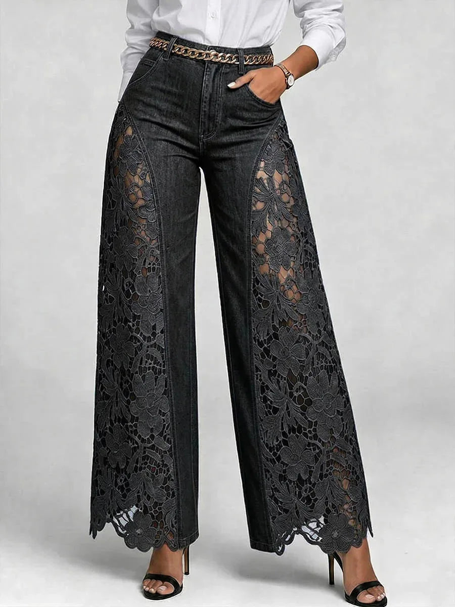 Women High Waist Lace Spliced Wide Leg Denim Jeans Loose Flowy Casual Daily Trousers