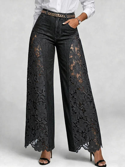 Women High Waist Lace Spliced Wide Leg Denim Jeans Loose Flowy Casual Daily Trousers