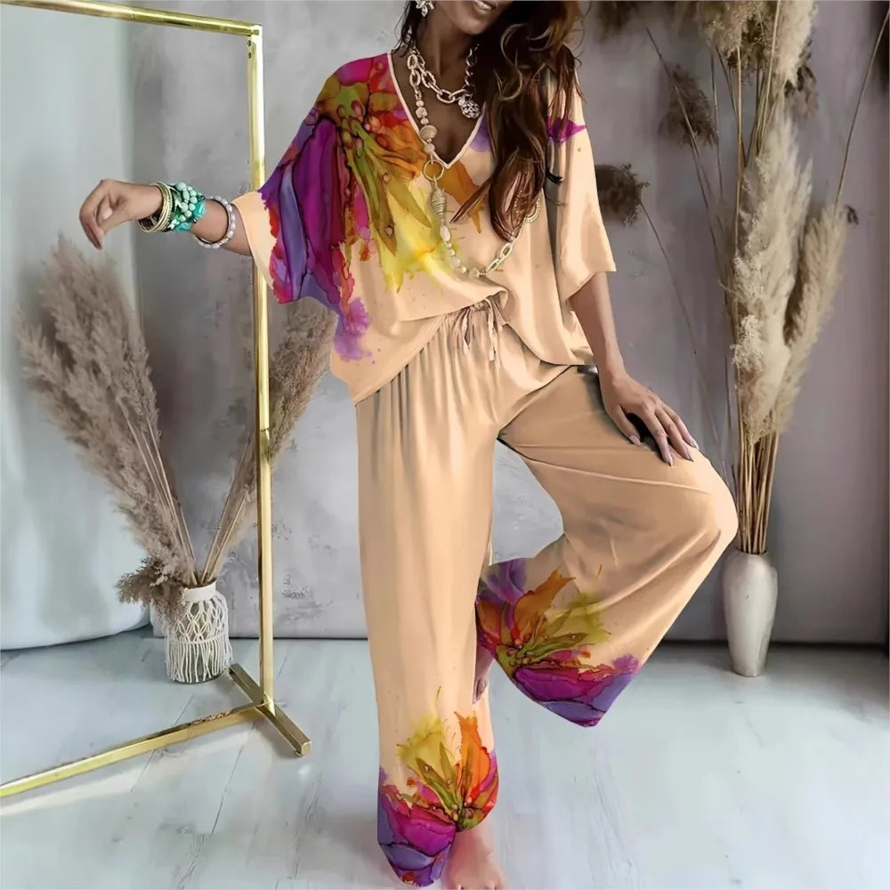 Autumn Print Two-Piece Set Women V-neck Bat Sleeve Set Top Casual Loose Lace Wide Legs Pants 2-Piece Suit Family Clothing Female