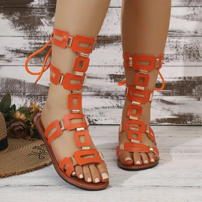 2026 New Fashionable Flat Sandals with Back Lace-up Designer Women's Sandals Sexy Open Toe Roman Style Casual Summer Boots 36-43