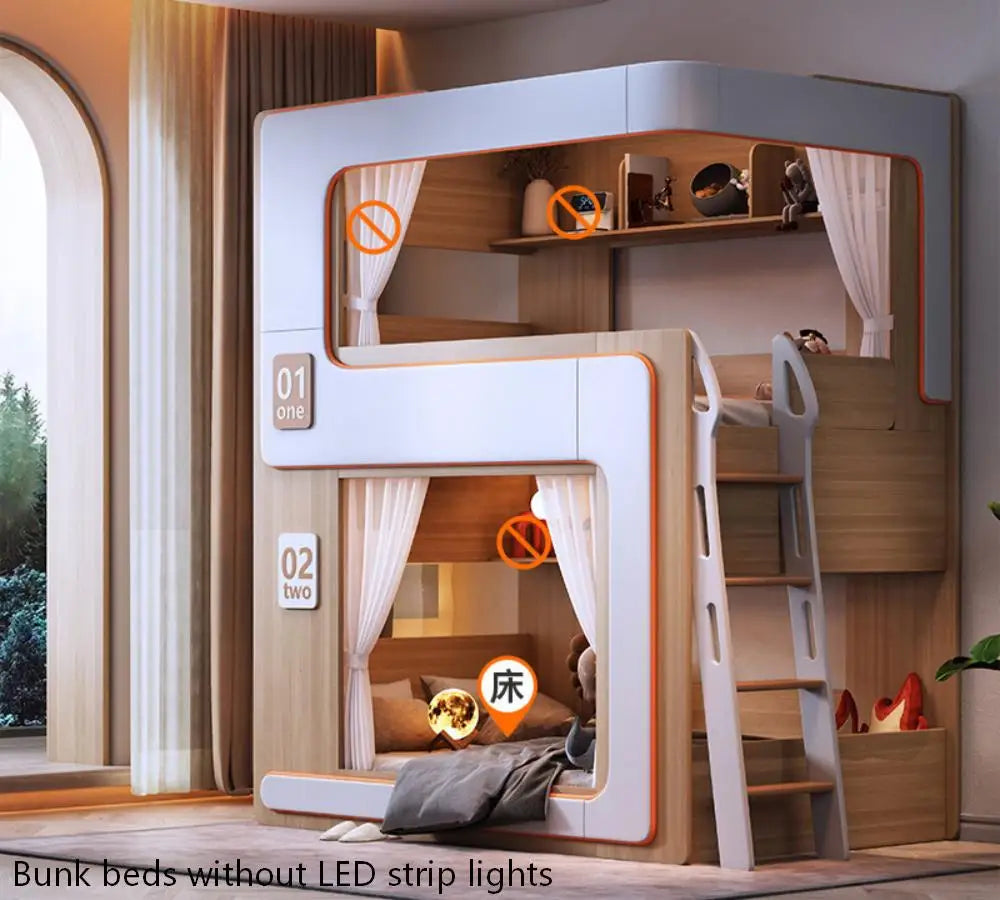 Simple Small Space Bunk Bed for Kids Floating Style High Guardrail Privacy Separated Twin Bed with Double Bookshelves