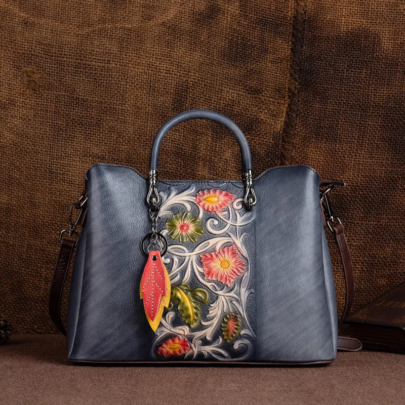 Vegetable-tanned genuine leather women's handbag, hand-embossed and colored crossbody bag, high-end single-shoulder bag