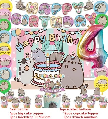The Pusheen Cat Balloons Birthday Decoration Party Supplies Cartoon Grey Pet Fat Cat Theme Banner Backdrop Cake Topper Sticker