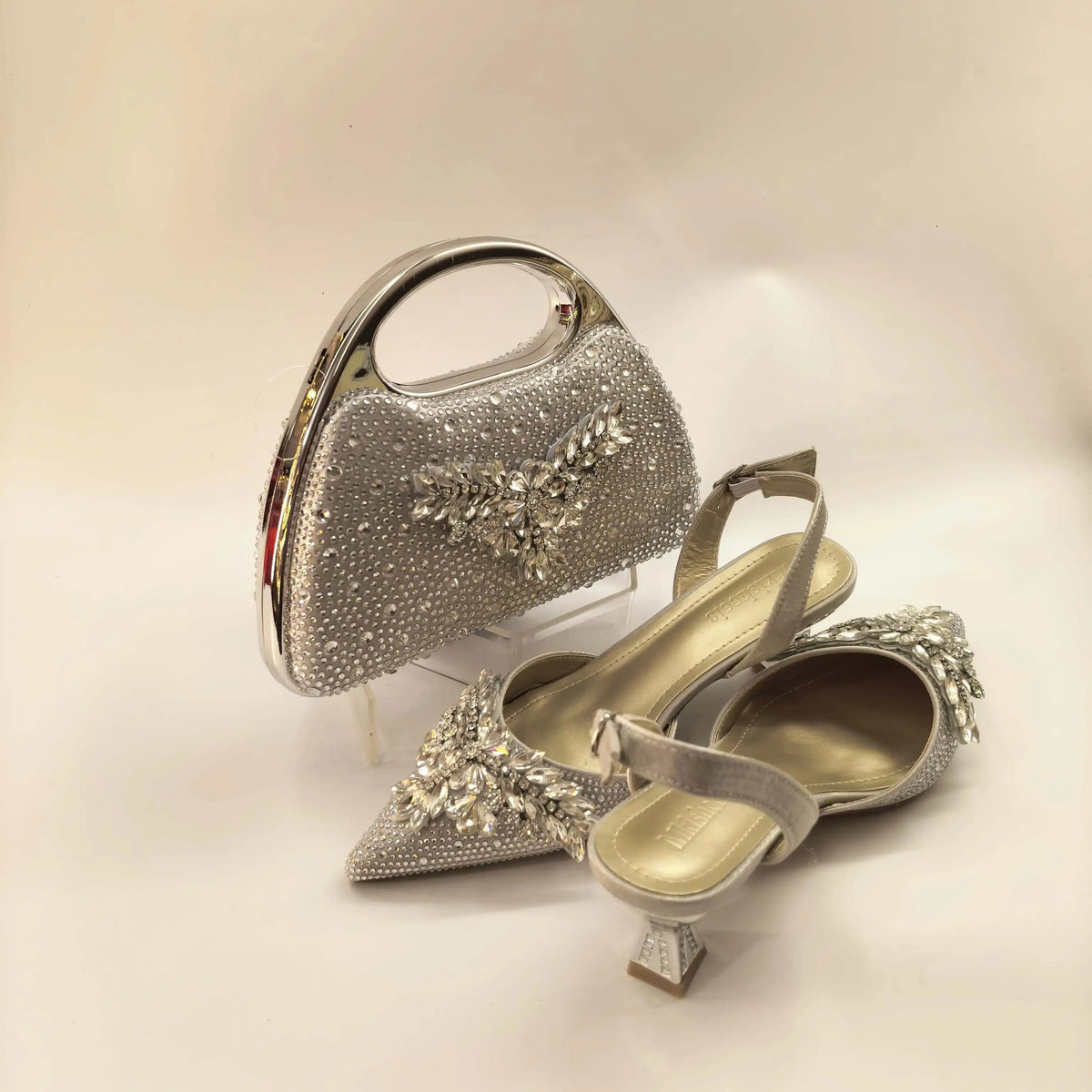 New Itlian Design Brown Color Rhinestone High Heel Shoe And Bag Fashion Style Pointed-Toe Shoes For Party Occasions