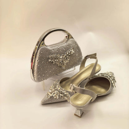 New Itlian Design Brown Color Rhinestone High Heel Shoe And Bag Fashion Style Pointed-Toe Shoes For Party Occasions