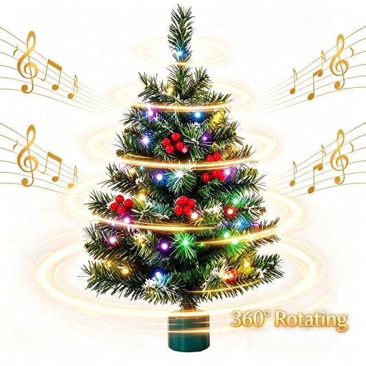 Bhony 360° Rotating Musical Christmas Tree With 35 Colorful LED Lights - 2FT Desktop Christmas Tree, USB/Battery Powered, With A Rotatable Base, Suitable For Home, Store, Classroom, Office, Party Decoration
