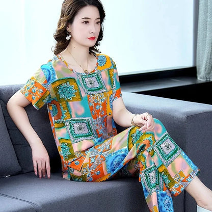 Cotton Silk Suit Summer Women's Sets New Casual Solid Color Short Sleeve Ankle-Length Pants 2 Piece Set Middle Age Mother Outfit