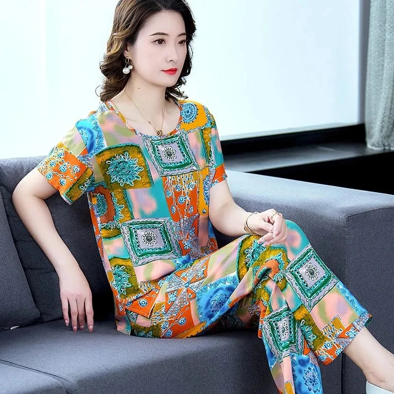 Cotton Silk Suit Summer Women's Sets New Casual Solid Color Short Sleeve Ankle-Length Pants 2 Piece Set Middle Age Mother Outfit