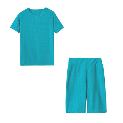 2024 New Summer Round-neck Solid Color Short-sleeved Two-piece Yoga Shorts Women's Sports Suit