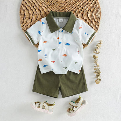 Baby Boy Polo 2‑Piece Set, Printed Lapel Short‑Sleeve Top With Solid Color Shorts, Casual Outfit For Summer Trip