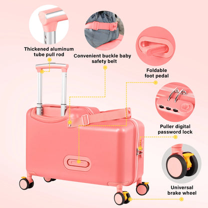 Suitcase for Kids 20 Inch Kids Ride on Suitcase, Childrens Ride on Luggage with Foot Pedal and Wheels – Travel Carrier Cabin Case with Safety Harness Stroller for Toddler Girls Boys