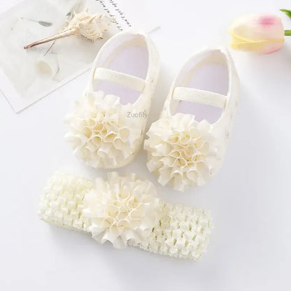 Spring Infant Baby Girl Shoes Newborn Lace Flowers Headband Anti-Slip Soft Sole First Walkers Toddler Kids Cotton Baptism Shoes