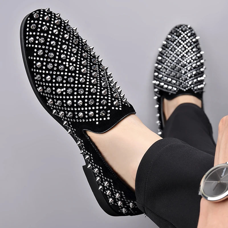Black Rivet Shoes 48 Designer New Loafers Men's Pointed Punk Rock Rivets Business Casual Shoes Party Wedding Dress Homecoming Fo