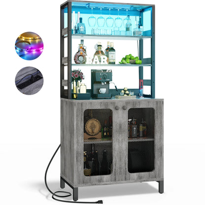 67" Tall Bar Cabinet with LED Lights And Glass Holder - Wine Liquor Cabinet with Power Outlets for Living Room Coffee Bar Station Microwave Stand Bakers Rack, White Oak