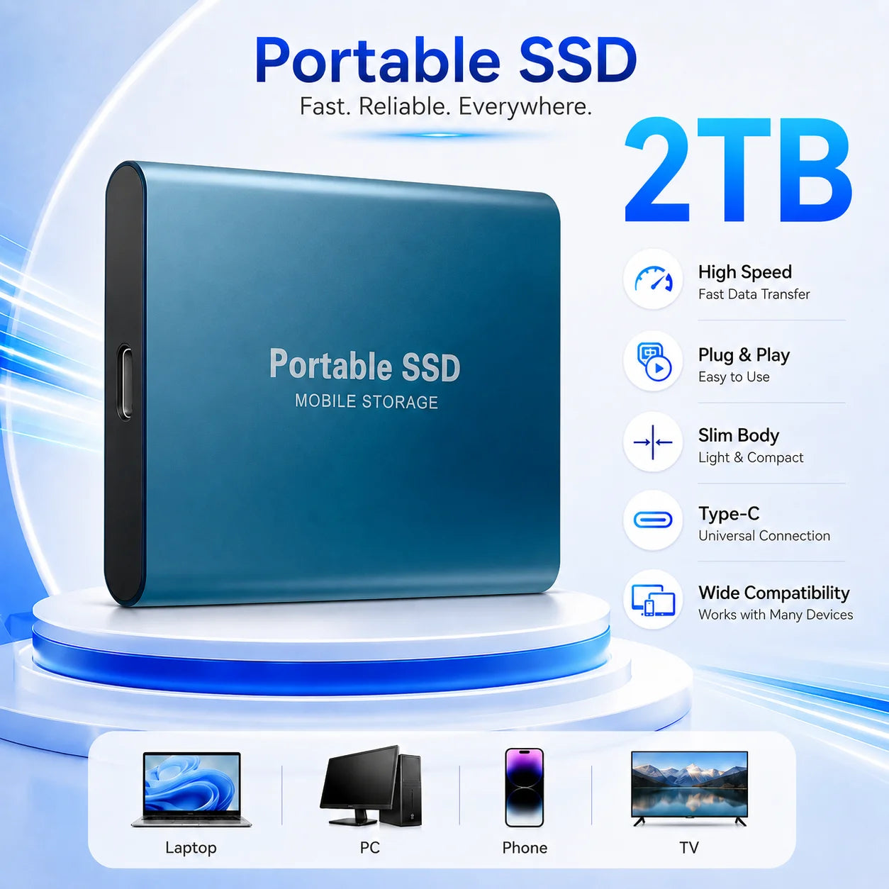 2TB External Hard Drive 4TB Portable SSD USB-C High-Speed Storage Disk for File Backup Compact & Durable