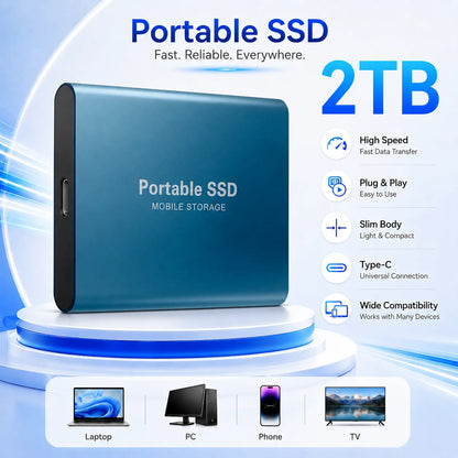 2TB External Hard Drive 4TB Portable SSD USB-C High-Speed Storage Disk for File Backup Compact & Durable